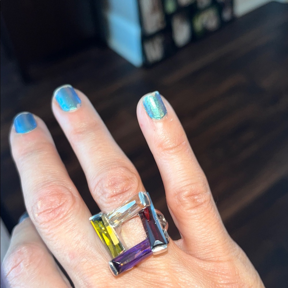 Multi Color modern Gemstone Silver Ring size 7
